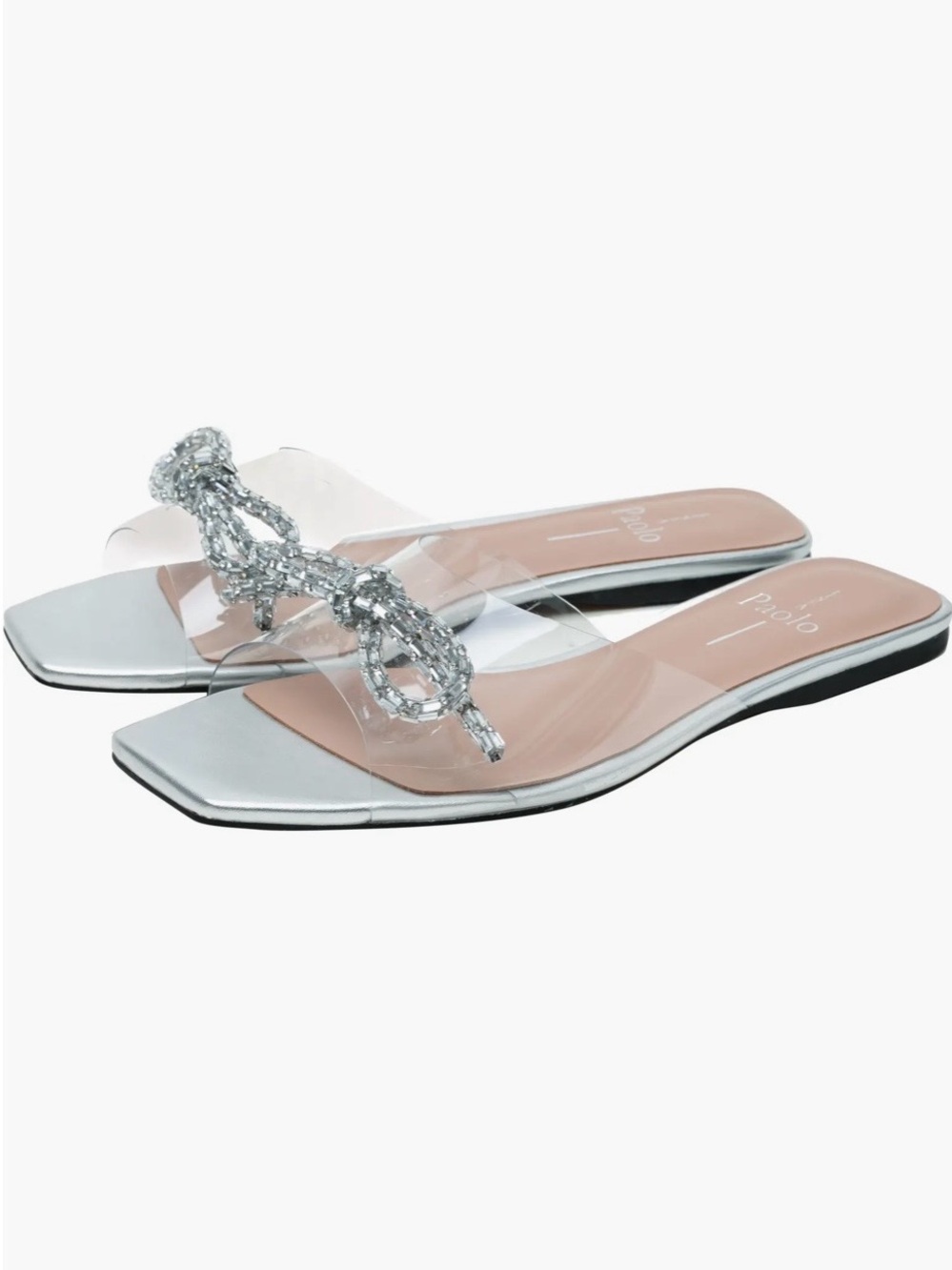 Linea Paolo “Leigh” Clear Slide Sandals Silver Crystal Bow & Nude Jelly Base - Picture 5 of 13